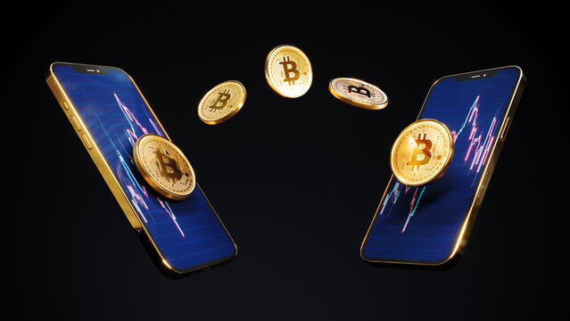 Bitcoin transactions on smartphone, btc blockchain cyptocurrency, Trading app on mobile phone next to bitcoin coins, crypto money send 3d Rendering.