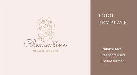 Fototapeta premium Elegant medieval female bust curly hair decorated tropical leaves natural branches line logo vector