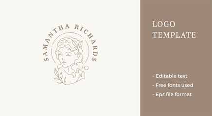Fototapeta na wymiar Medieval female bust romantic hairstyle with blossom botanical decor line art logo vector