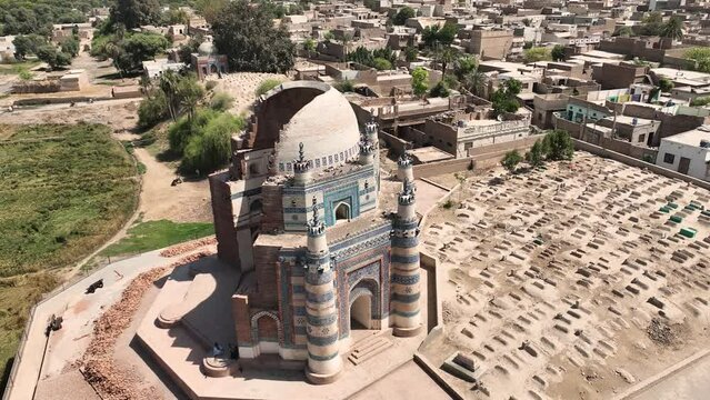 An aerial shot of Uch Sharif Jawindi Bibi Tomb breathtaking picturesque View on a sunny blue sky day