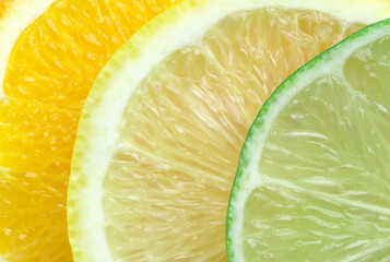 Slices of orange, lemon and lime close-up.