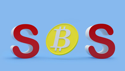 Bitcoin sign with text sos on blue. 3d illustration