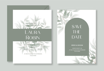 Botanical greenery wedding invitation template set with watercolor leaf and arch for party, greeting card.