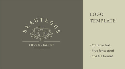 Minimalist premium photo video camera botanical laurel wreath and gem diamond line art logo vector