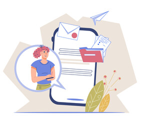 Mail service banner with woman sending mail online via smartphone. Business working process of email messaging, mail notification and sms sending, flat cartoon vector illustration isolated.