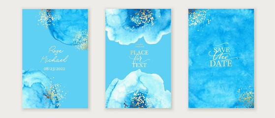 Set of vertical backgrounds. Blue watercolor fluid painting vector design. Dusty pastel, neutral and golden marble. Dye elegant soft splash style. Alcohol ink imitation. Wedding cards.