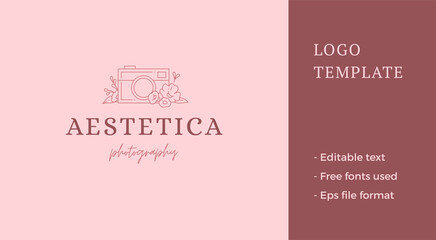 Gorgeous photo camera lens blossom botanical beauty blog line art emblem vector illustration