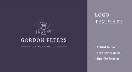 Minimalist shooting vintage camera bright illumination glow top view line art logo vector