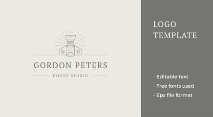 Minimalist shooting vintage camera bright illumination glow top view line art logo vector