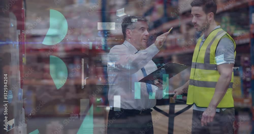 Poster animation of data processing over people working in warehouse