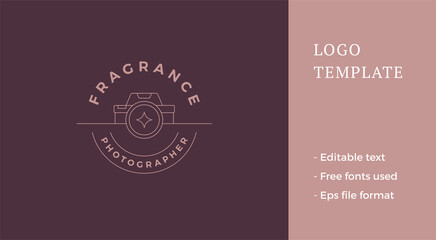 Photo video camera lens glare travel blogger monochrome emblem circle place text line logo vector