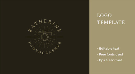 Minimalist vintage photo camera line art glare illuminated circle place for text logo vector