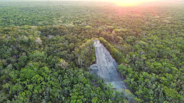 Tulum Stone Ruins Coba Civilization Aerial Drone Fly Above Jungle Forest Mexico