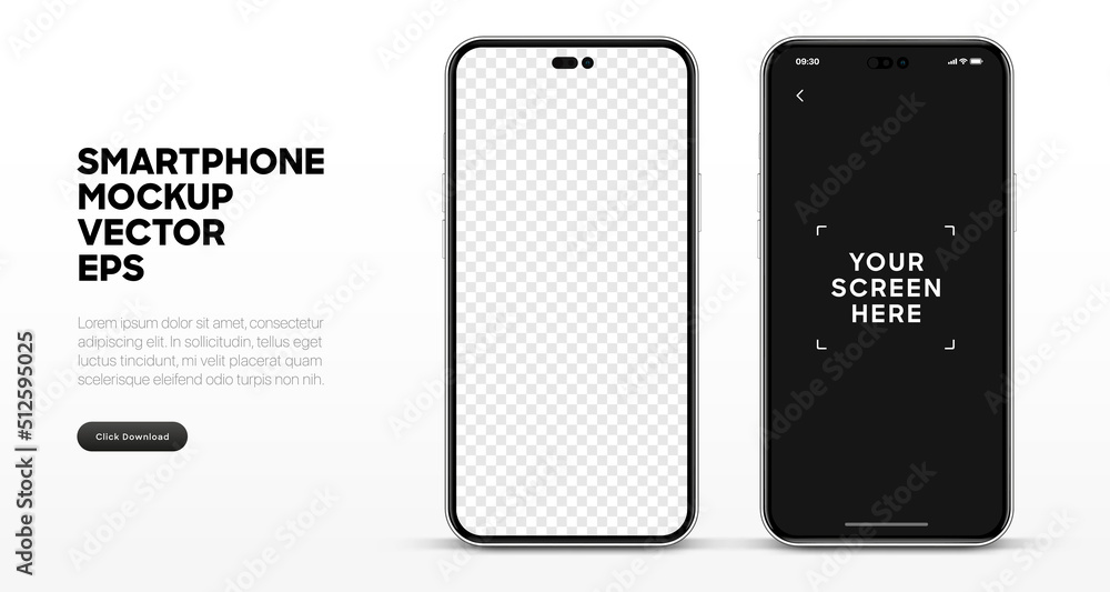 Aufkleber Realistic smartphone mockup isolated with transparent screens. Smart phone mockup collection. Device front view. 3D mobile phone with shadow on white background. Realistic, flat and line style