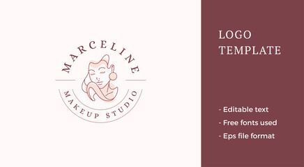 Elegant fashionable lady portrait continuous line silhouette circle logo with place for text vector