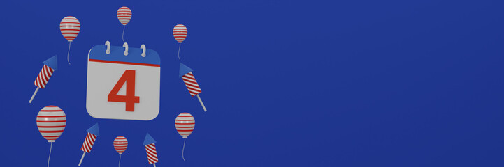 3d rendering. Independence Day 4th of July greeting Concept banner, poster or flyer design for website, Template for advertising, web, social and fashion ads, United States national flag with calendar