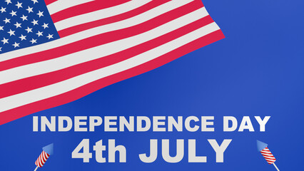 3d rendering. 4th of July greeting card with United States national flag background and text Independence Day.