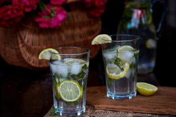 Homemade non-alcoholic mojito with lemon, lime and mint. Refreshing, diet, detox infused, natural summer cocktails. Healthy refreshing cocktails. Summertime drinks.