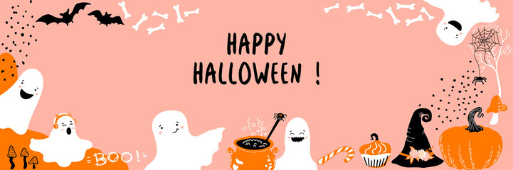 Happy Halloween pink border. Lettering. Pumpkins, bats, cute ghosts, mushrooms, cupcake and bones. Doodle banner. Vector frame