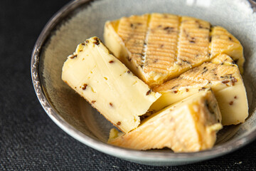 munster cheese cumin seeds fresh healthy meal food snack diet on the table copy space food background rustic top view