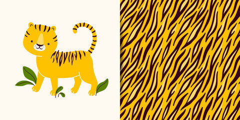 Vector collection - print with cute tiger character plus seamless pattern with animal skins