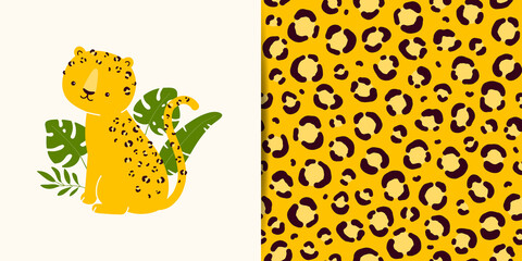 Vector collection - print with cute leopard character plus seamless pattern with animal skins © Baranovska