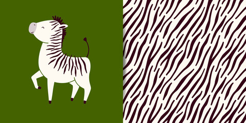 Vector collection - print with cute zebra character plus seamless pattern with animal skins