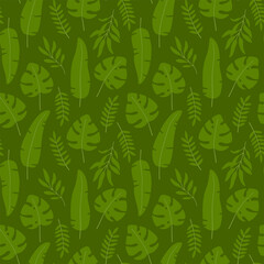 Vector seamless pattern with green tropical leaves