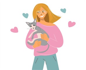 Happy girl with a cat in her arms. The blonde hugs the Sphynx pet. Portrait of a cat lover. Vector isolated illustration in flat style for design card, poster, print on fabric, paper. Animal care.