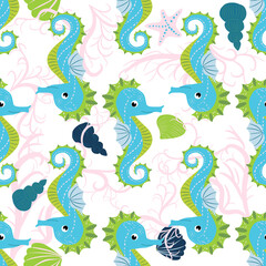 Cute seahorses cartoon seamless pattern. Hand drawn ocean animals. Nautical beach, Sea life fun underwater