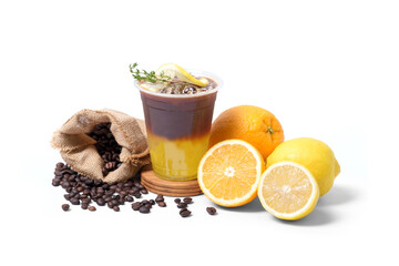 ice coffee lemon orange yuzu with coffee beans isolated on white background. coffee shop cafe menu concept.