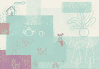 ブロックの模様に手描きの猫・人・家・植物のある背景イラストブルー系