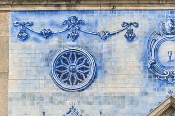 detail of the facade covered with azulejos of the church Santa Marinha in Cortegaca, Ovar district, Portugal