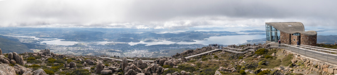 Fototapeta na wymiar Hobart, Tasmania, Australia - March 15, 2020: Views and observation shelter on Mount Wellington.