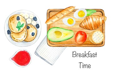 Healthy breakfast, pancakes , avocado , croissant, tomato, eggs , cookies . Watercolor illustration