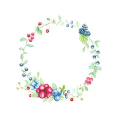 Watercolor wreath of  wild berries on a white background