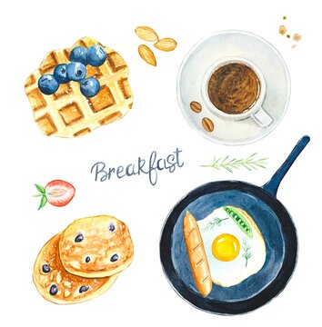 Healthy breakfast , waffle with berries, coffee , pancakes , egg in a frying pan . Watercolor illustration