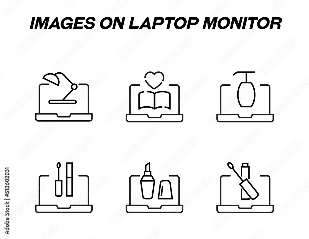 Poster items on laptop monitor pack. modern vector monochrome signs. line icon set with icons of table lamp