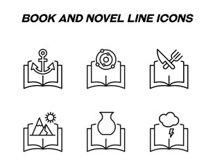 Book, reading, education and novel concept. Vector signs in flat style. Set of line icons of anchor, satellites, orbits, knife, fork, mountains, vase, lightning over books