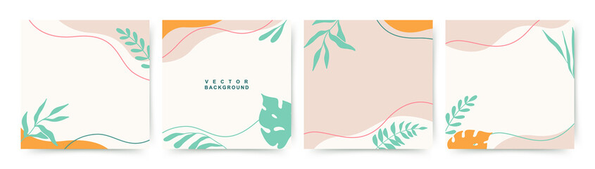 Abstract square background set summer season concept. Banner template with tropical leaves for social media post, mobile app, web, summer sale, promotional content. Vector illustration