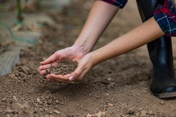 Close up of the hand of a woman holding a handful of rich fertile soil that has been newly dug over or tilled in a concept of conservation of nature and agriculture or gardening.