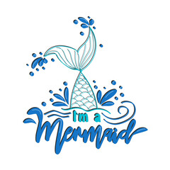 Mermaid card with hand drawn sea elements and lettering. Calligraphy summer quote with seashells, hearts and pearls. Summer print