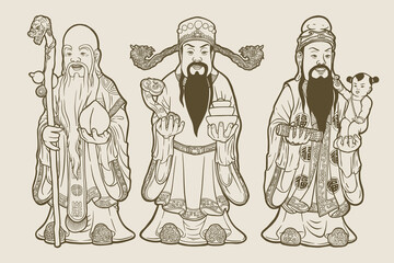 Fototapeta na wymiar Three Chinese lucky gods, Fu Lu Shou. (Hock Lok Siew) isolate on white - Out line