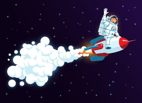 Astronaut flies astride rocket and waves his hand. Cartoon spaceman on jet rocket. Vector illustration.