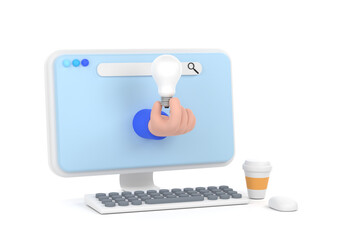 hand hold  Light idea bulb from computer screen. Startup, idea, creativity, innovation. Crowdfunding, start-up or new business model.