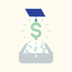 Solar panel installed with shining dollar sign while many dollars falling into safe drawer. Solar energy save money concept. Vector illustration outline flat design style.