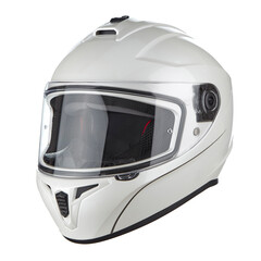 Modern motorcycle helmet made of white glossy carbon fiber, with neck fixation and adjustable air intakes, with a closed glass, isolated on a white background. - obrazy, fototapety, plakaty