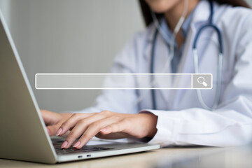 Searching browsing internet bar on Asian woman doctor is online visiting with a patient background,...