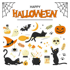 Collection of traditional Halloween elements with cute playful black cats and Happy Halloween lettering. Isolated on white background. Vector objects for traditional event design.