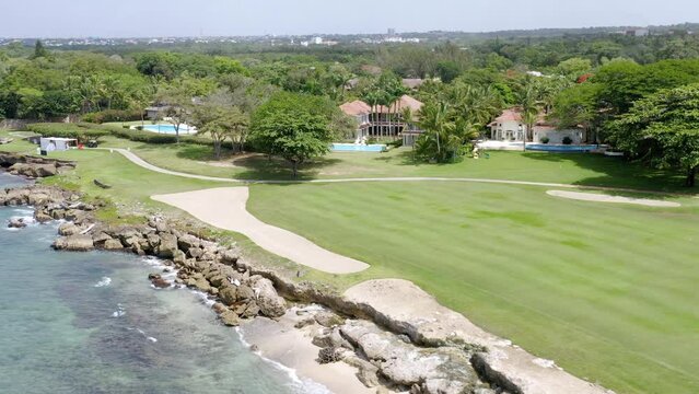 Luxurious Golf Course Field Of Casa de Ocampo In La Romana, Dominican Republic. Aerial Wide Shot